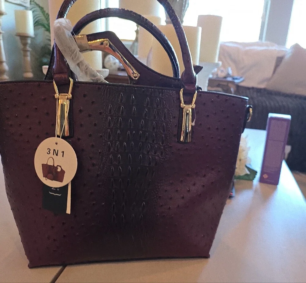 Croc-Embossed Structured Tote in Plum with Gold Hardware 3 Bags In 1